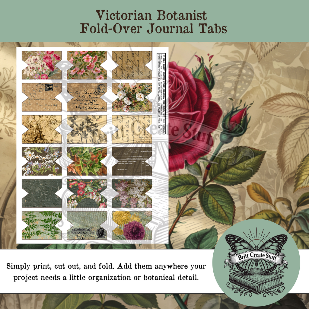 A set of Victorian Botanist fold-over journal tabs displayed on a vintage botanical background. The tabs feature various floral and script patterns in muted earthy tones.