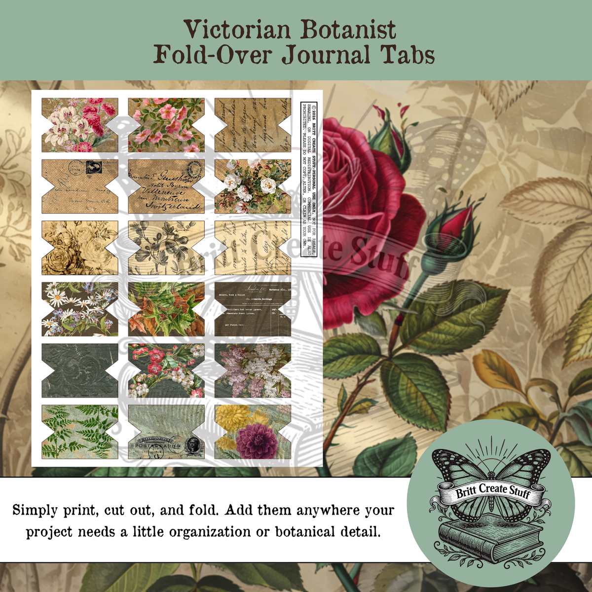 A set of Victorian Botanist fold-over journal tabs displayed on a vintage botanical background. The tabs feature various floral and script patterns in muted earthy tones.