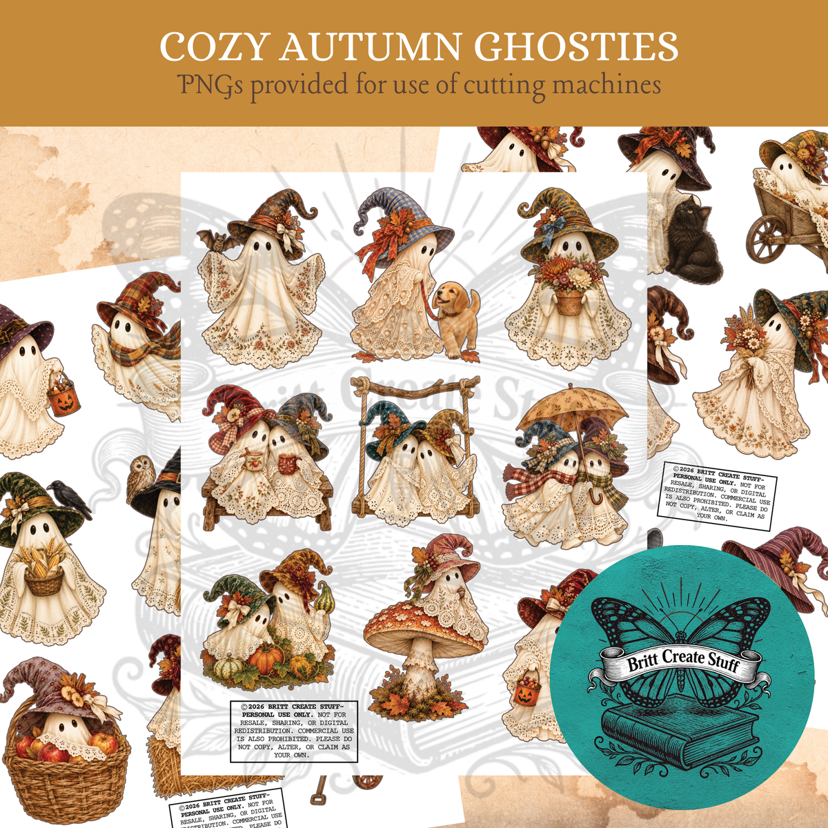 Printable Cozy Autumn Ghosties fussy cuts featuring sheet ghosts, witch hats, pumpkins, cats, owls, and autumn flowers