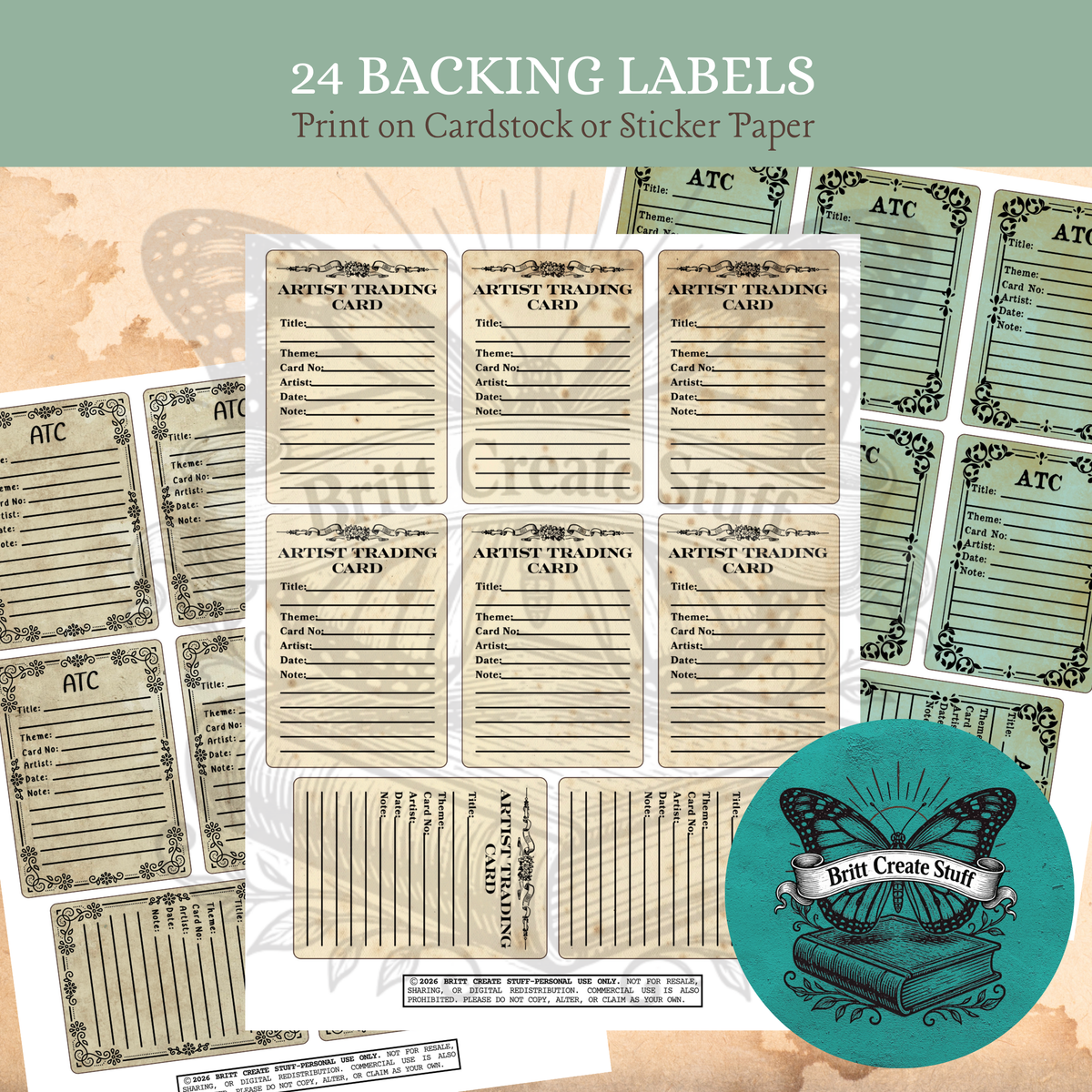 Vintage printable artist trading card backing labels for recording titles, themes, dates, and notes