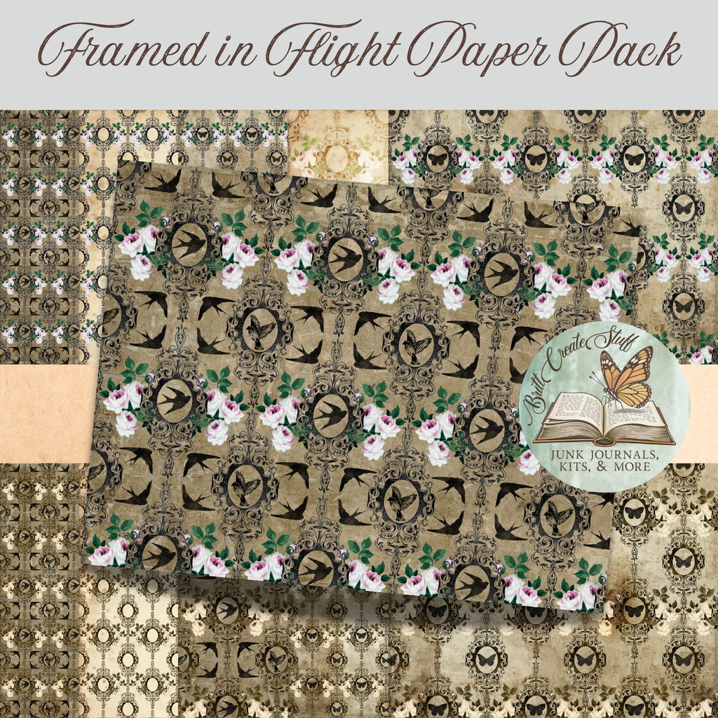 Vintage printable paper with black birds, butterflies, pink roses, and antique decorative frames