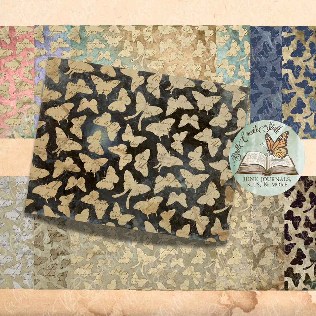 Black and antique cream printable paper with faded handwritten butterflies and aged texture