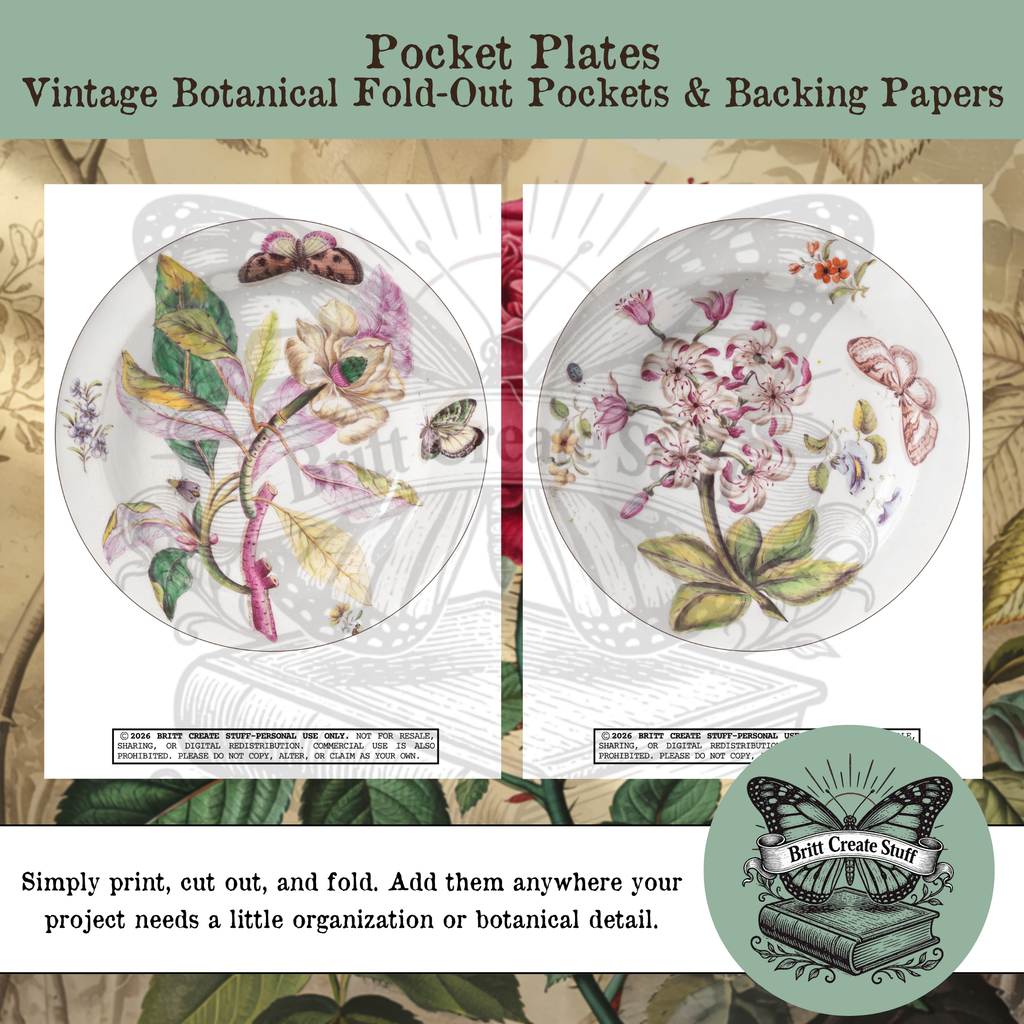 Vintage botanical plate printables with flowers butterflies and leaves