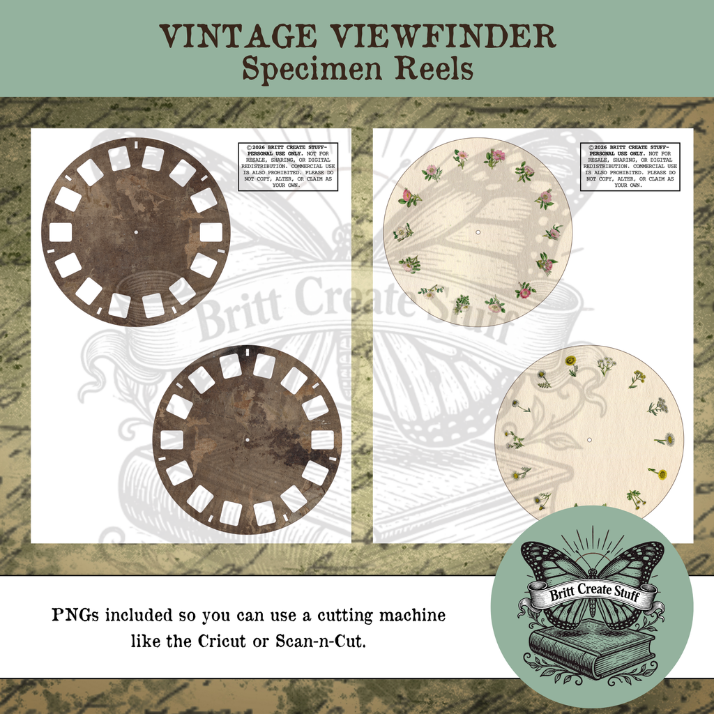 Printable vintage viewfinder frames with floral and botanical specimen reels