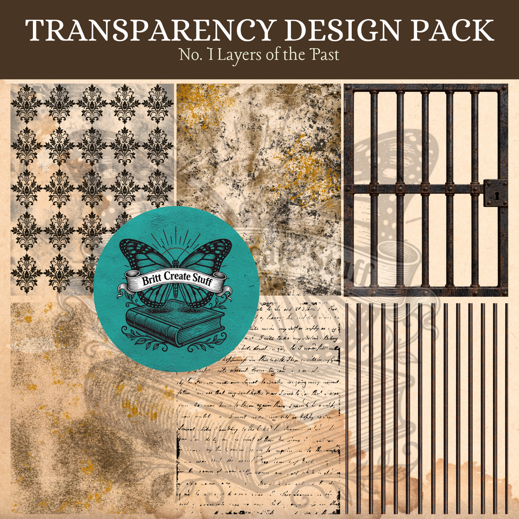 Preview of vintage damask, distressed textures, handwritten script, a rusted iron gate, and vertical iron bars from Layers of the Past.