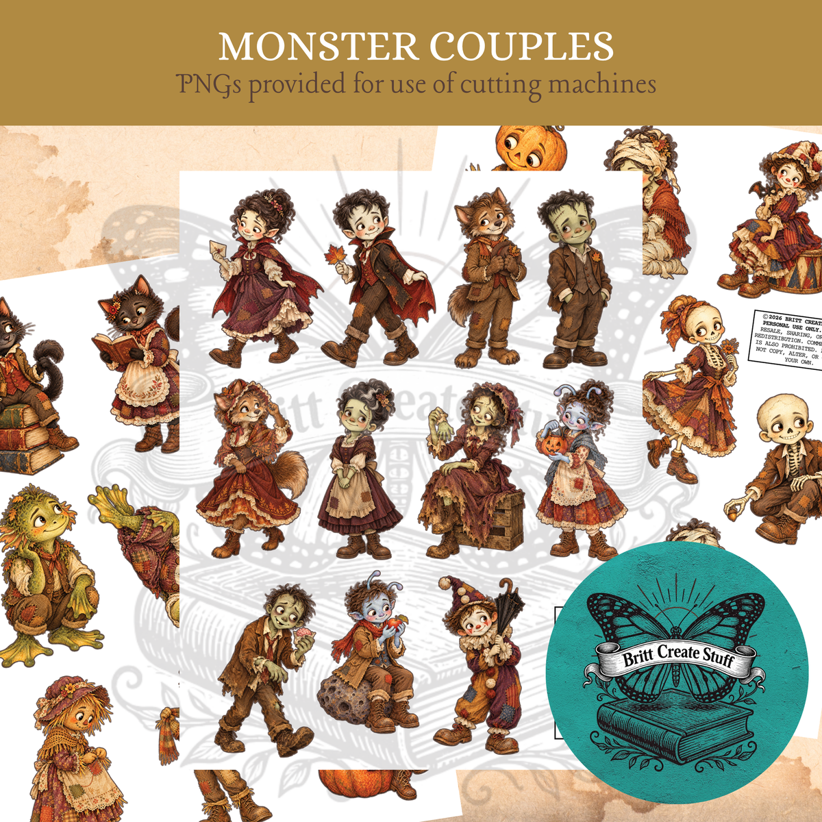 Printable Monster Couples fussy cuts featuring vintage-style vampires, werewolves, skeletons, mummies, and stitched creatures