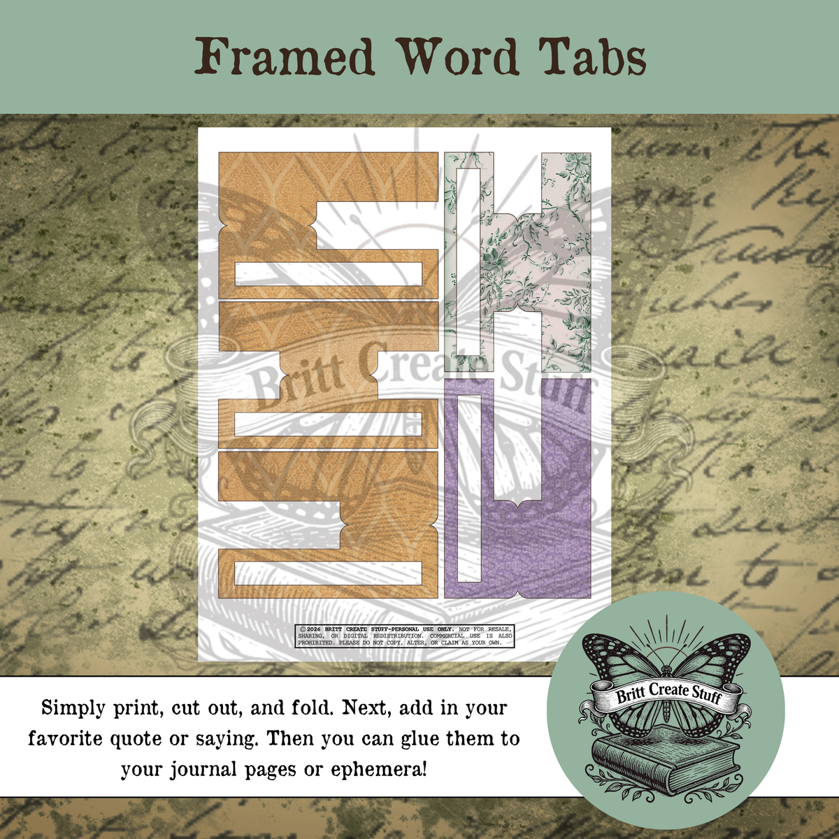 Orange vintage framed word tabs printable for junk journals and folios