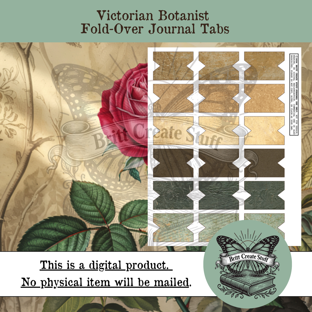 Digital product preview for Victorian Botanist Fold-Over Journal Tabs by Brit Create Stuff, showing a sheet of decorative paper tabs alongside a vintage-style botanical collage with a rose and leaves.