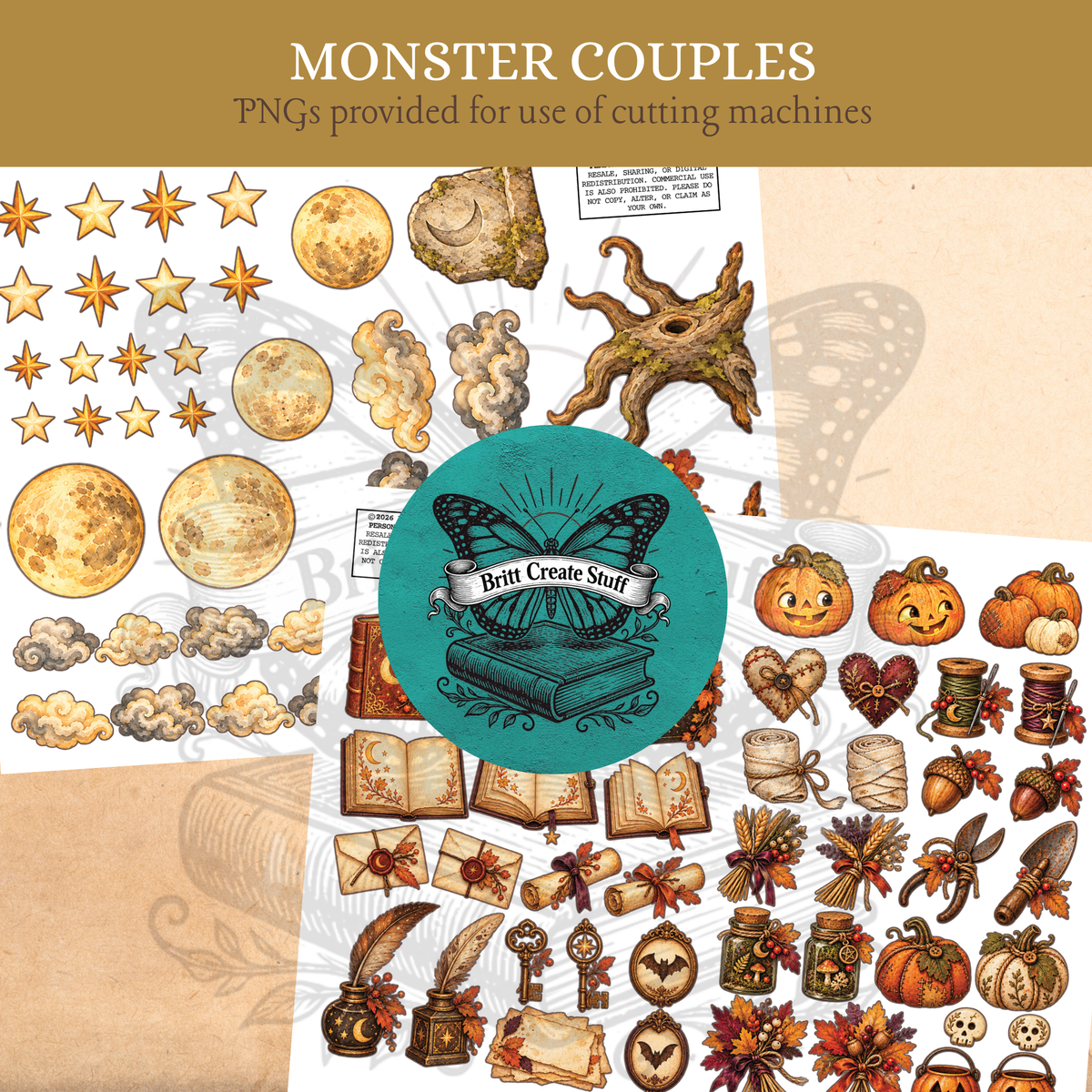 Coordinating monster kit fussy cuts with moons, stars, pumpkins, books, keys, sewing notions, envelopes, and autumn flowers