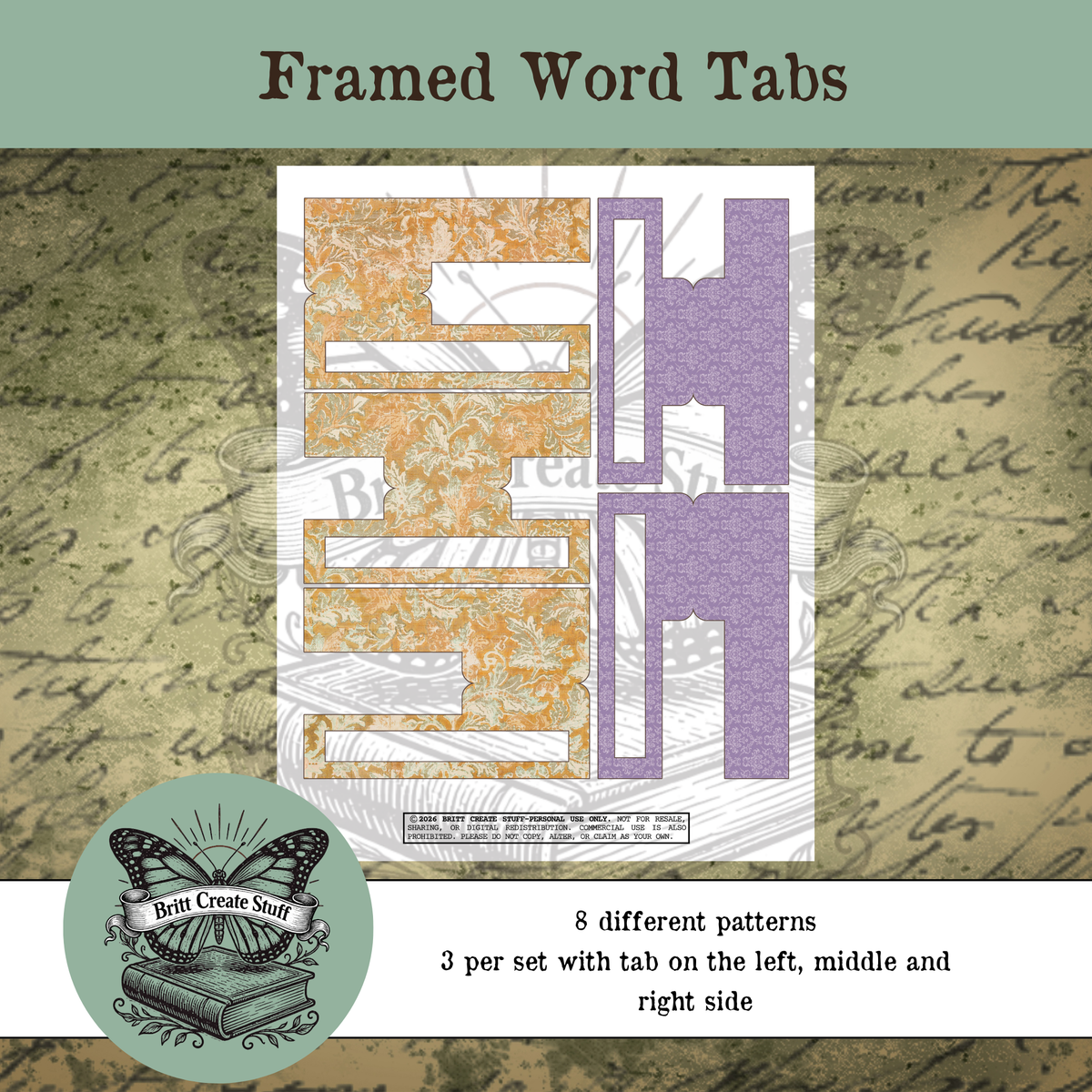 Purple vintage framed word tabs printable for journals and paper crafts