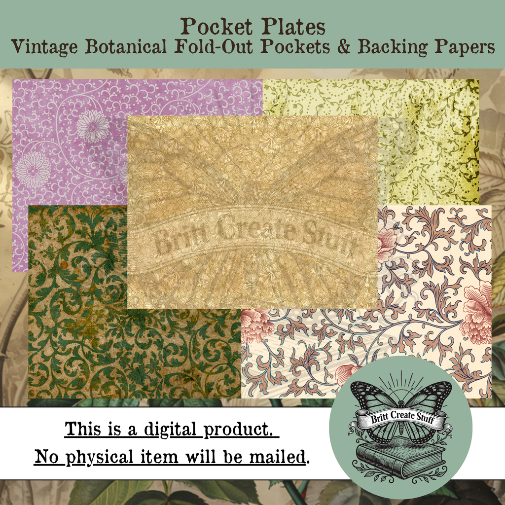 Five coordinating vintage patterned backing papers for printable Pocket Plates