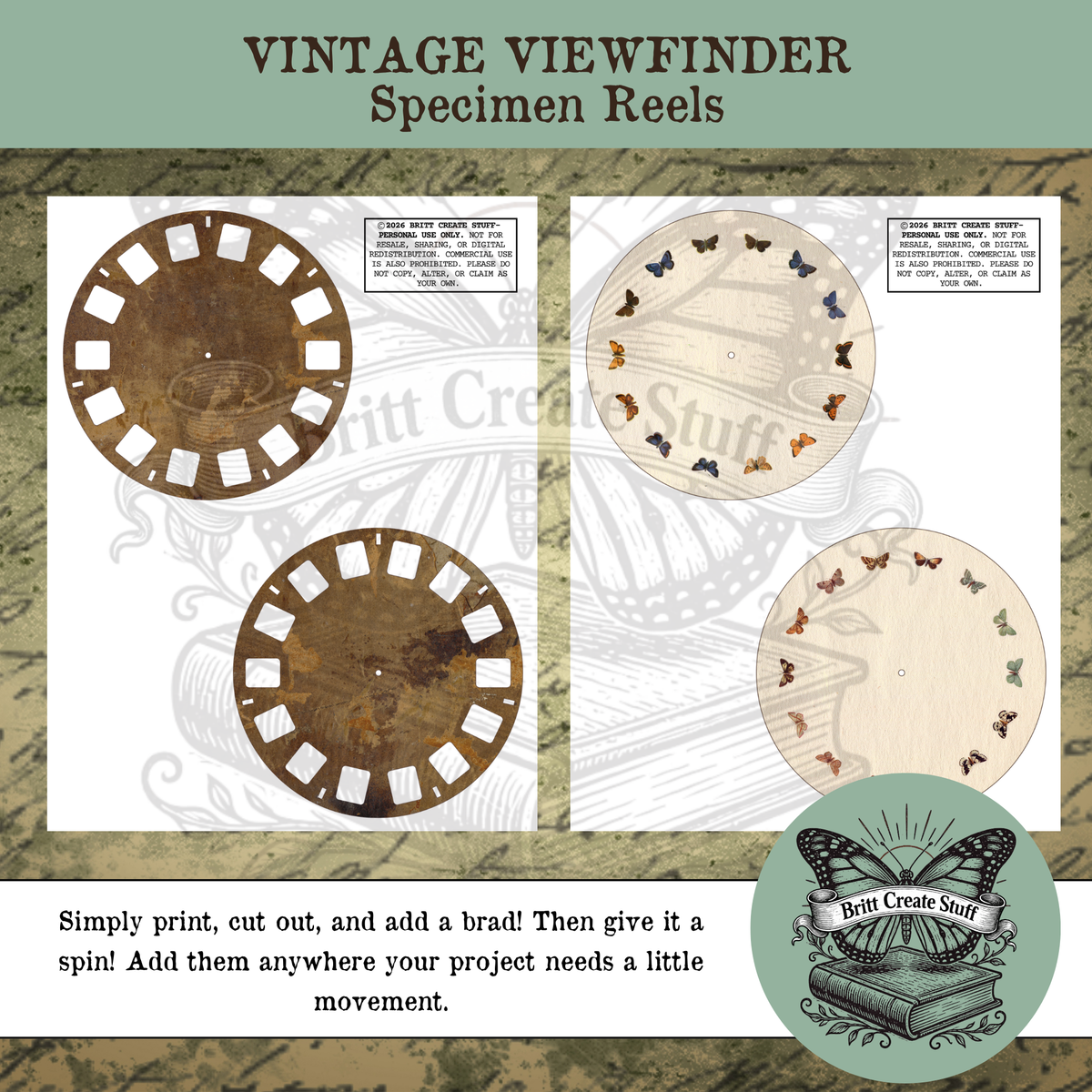 Butterfly viewfinders with printable rotating specimen reels for junk journals