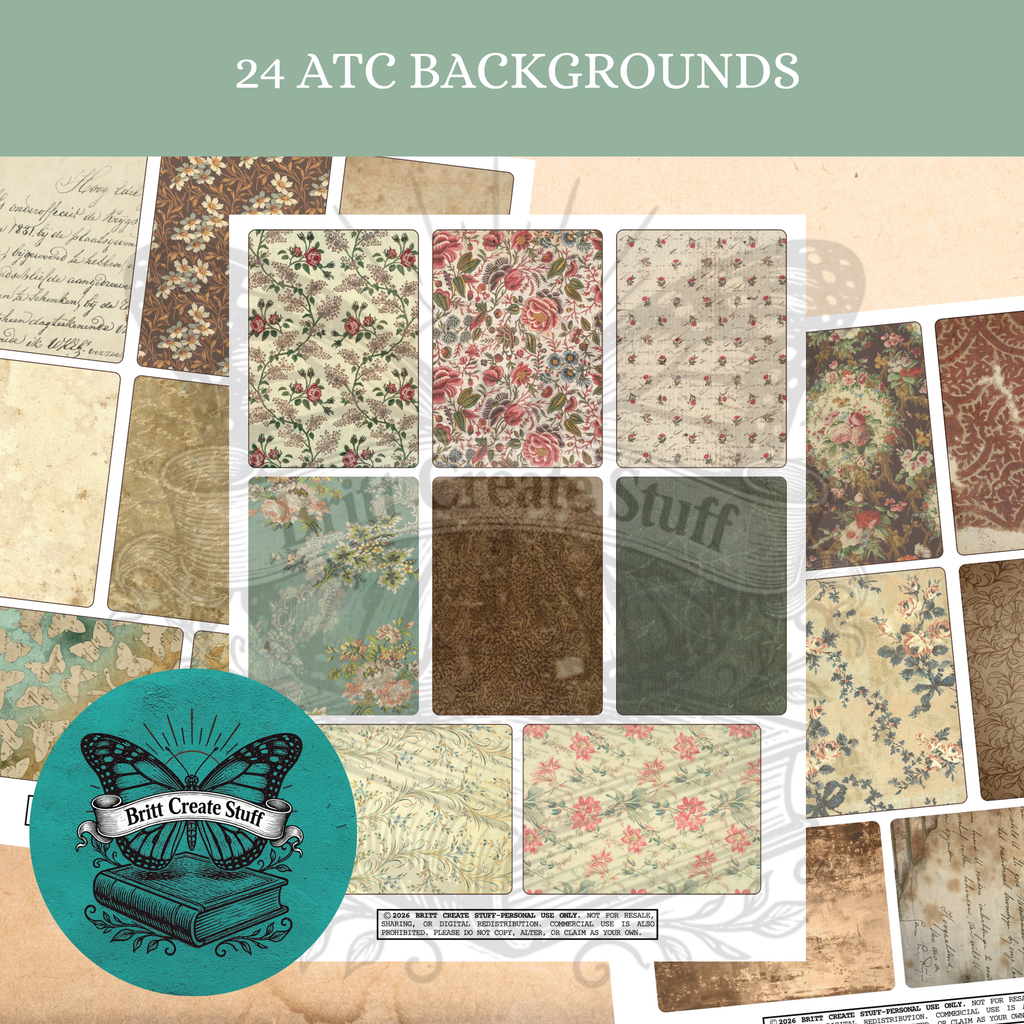 Collection of 24 vintage floral and textured printable artist trading card backgrounds