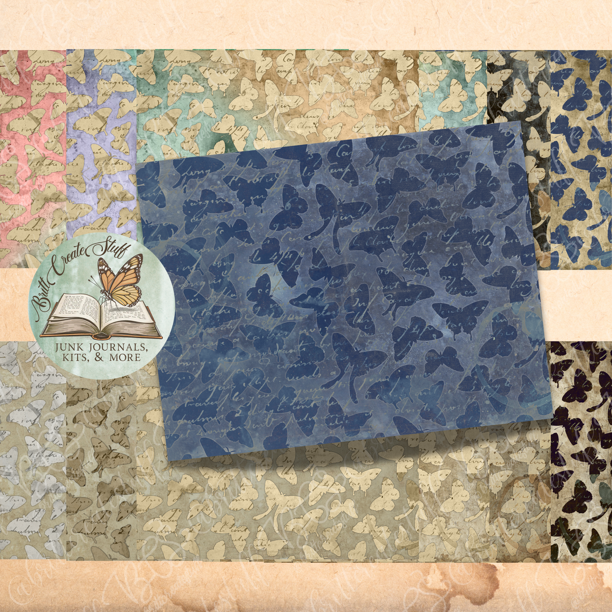 Blue printable vintage paper with layered butterfly silhouettes and faded handwritten letters