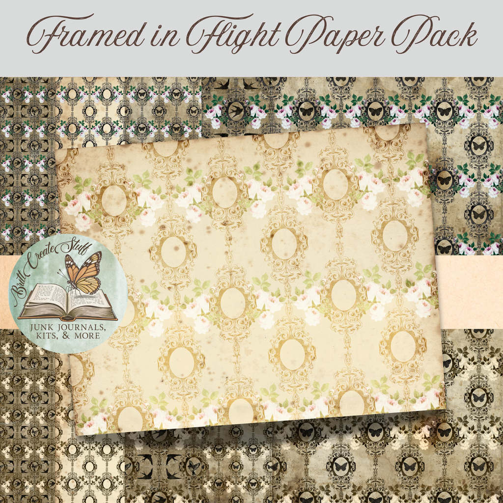 Cream vintage printable paper with soft pink roses and blank gold frames for photographs or words
