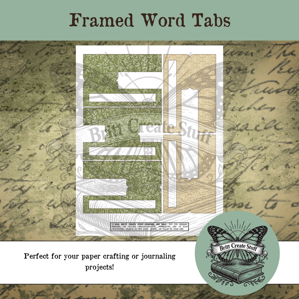 Green vintage framed word tabs printable junk journal ephemera