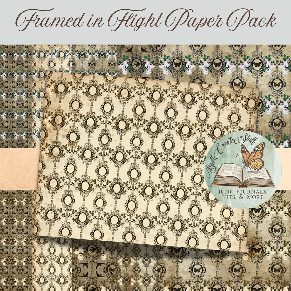 Antique cream printable paper with white roses and empty ornate black portrait frames