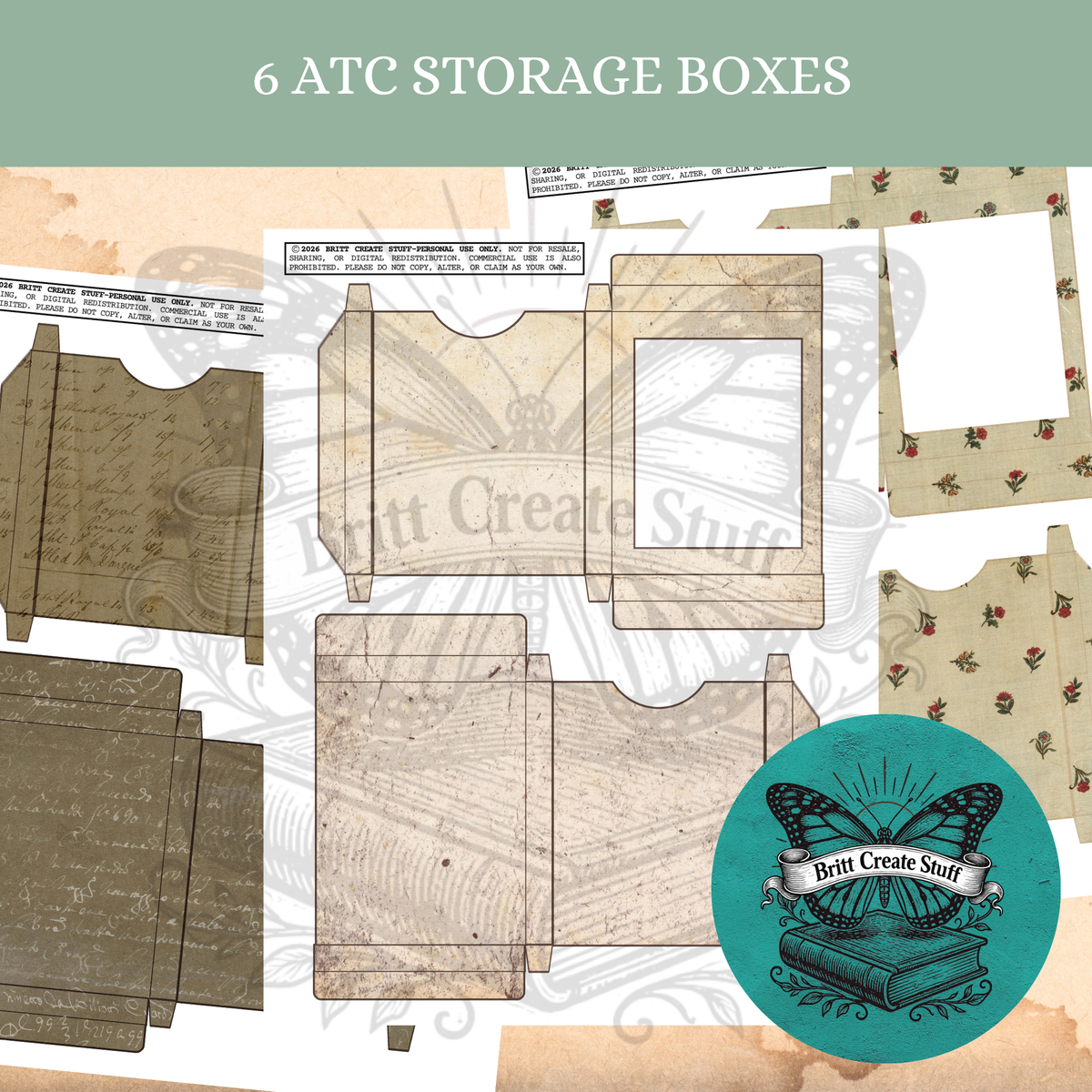 Six printable vintage storage boxes for organizing and protecting artist trading cards