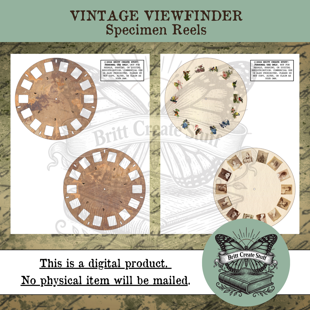 Printable bird and vintage portrait specimen reels with numbered viewfinder frames