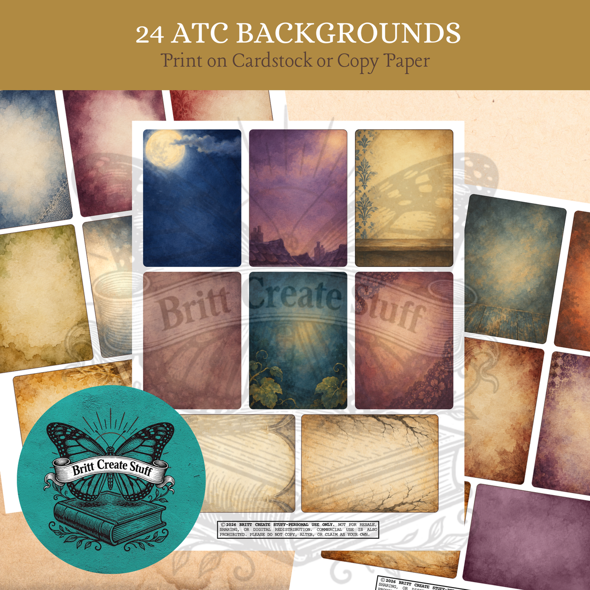 Set of 24 printable artist trading card backgrounds in moody blue, purple, rust, cream, and vintage paper textures