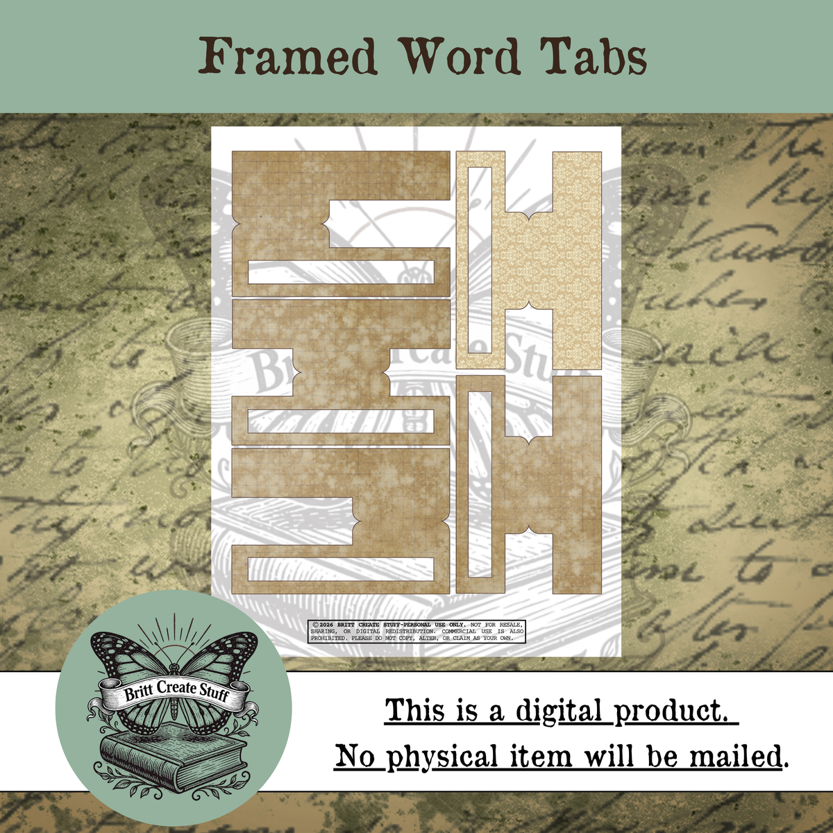 Brown vintage framed word tabs printable for junk journals and folios