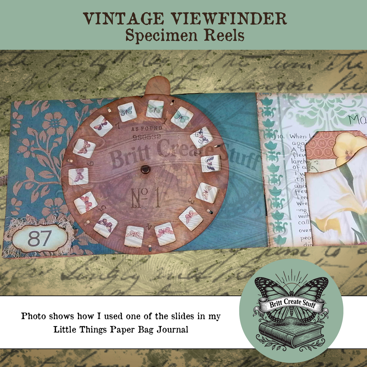 Completed butterfly viewfinder specimen reel attached to a handmade junk journal page