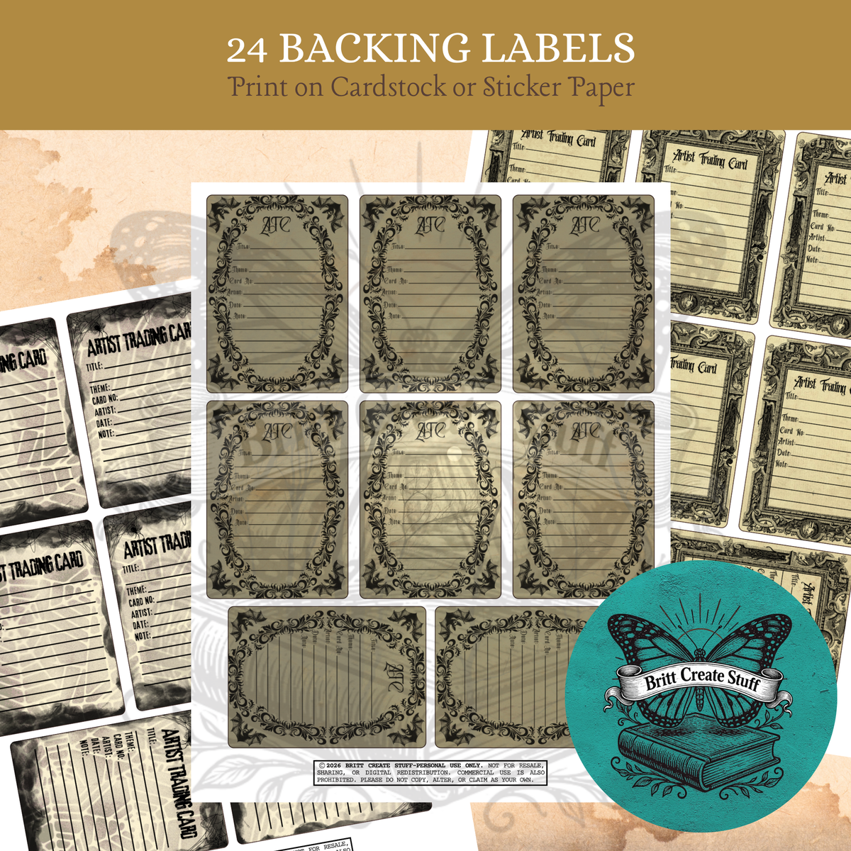 Set of 24 printable ATC backing labels with decorative borders and spaces for title, theme, card number, artist, date, and notes