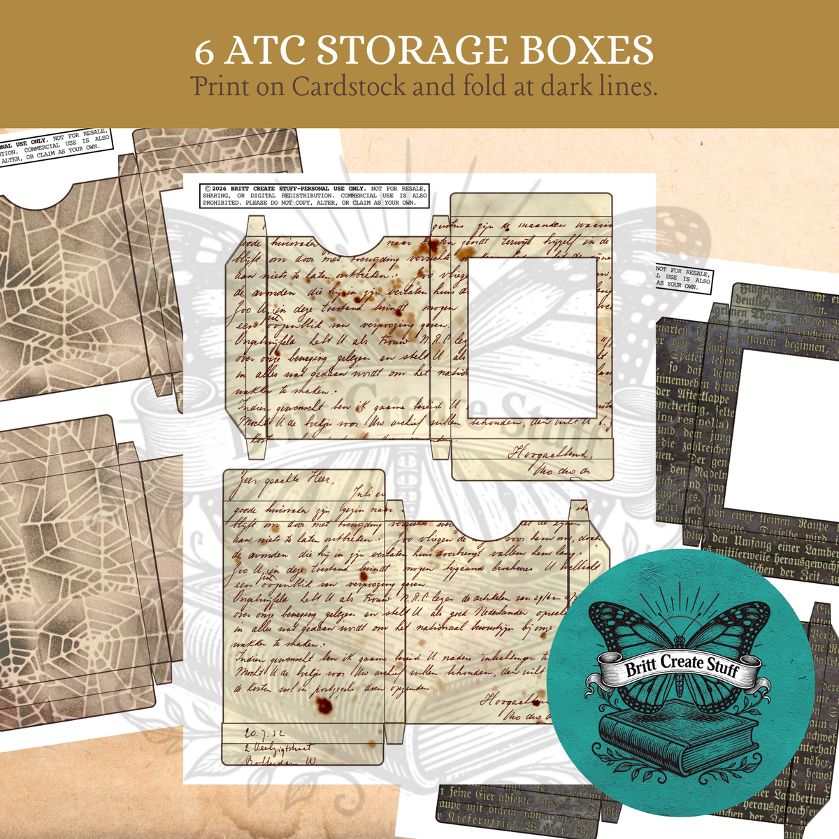 Six printable ATC storage box templates decorated with spiderweb, vintage handwriting, and antique text patterns