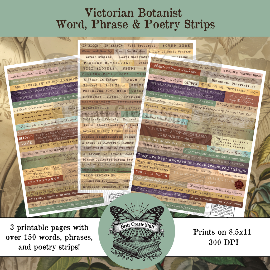 Victorian Botanist printable word phrase and poetry strips with over 150 pieces
