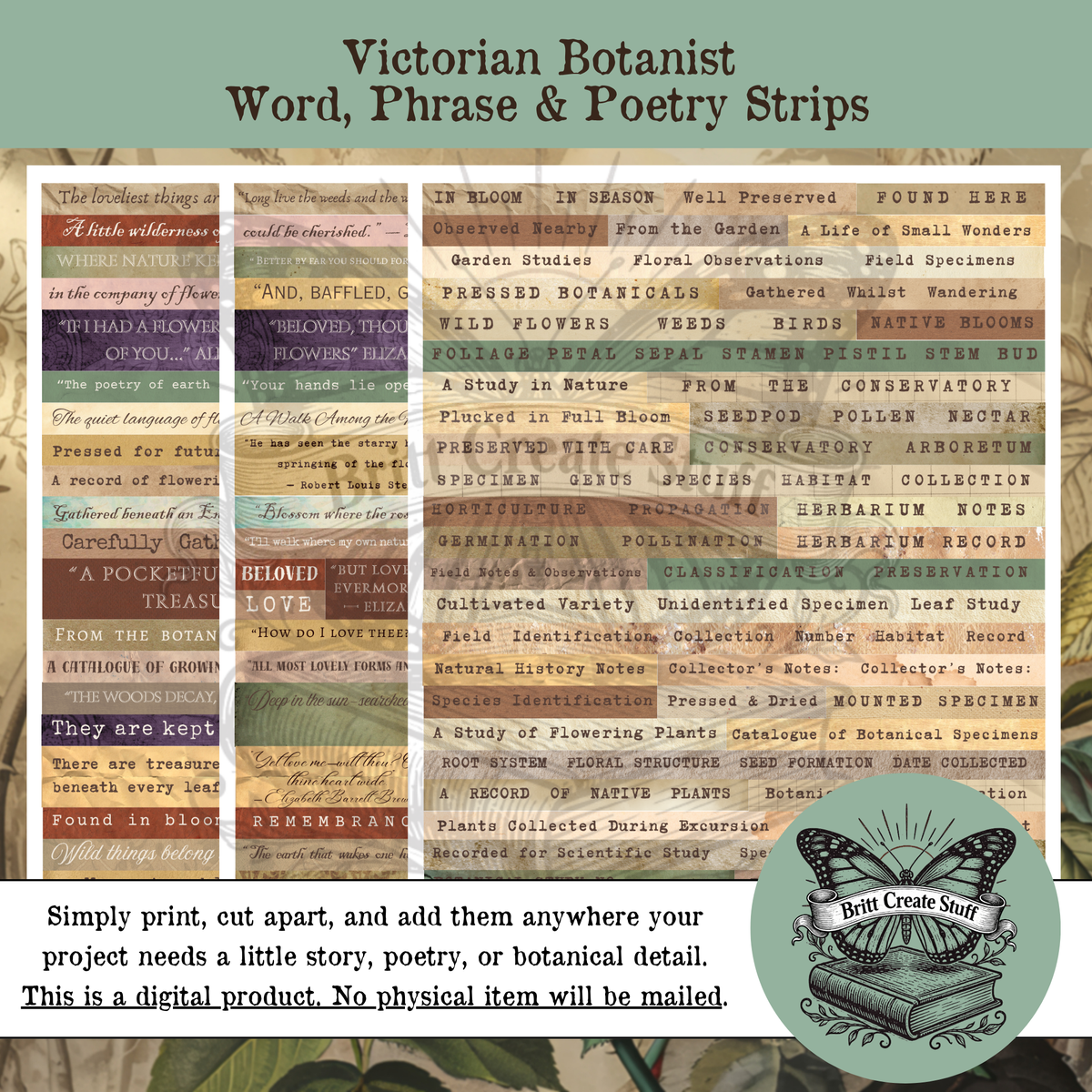 Vintage botanical words quotations and poetry strips for junk journals