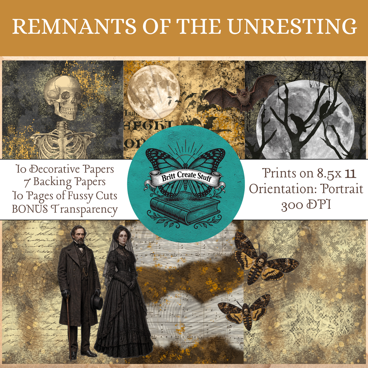 Remnants of the Unresting Victorian gothic Halloween printable kit featuring decorative papers, backing papers, spooky fussy cuts, and specimen and X-ray designs.