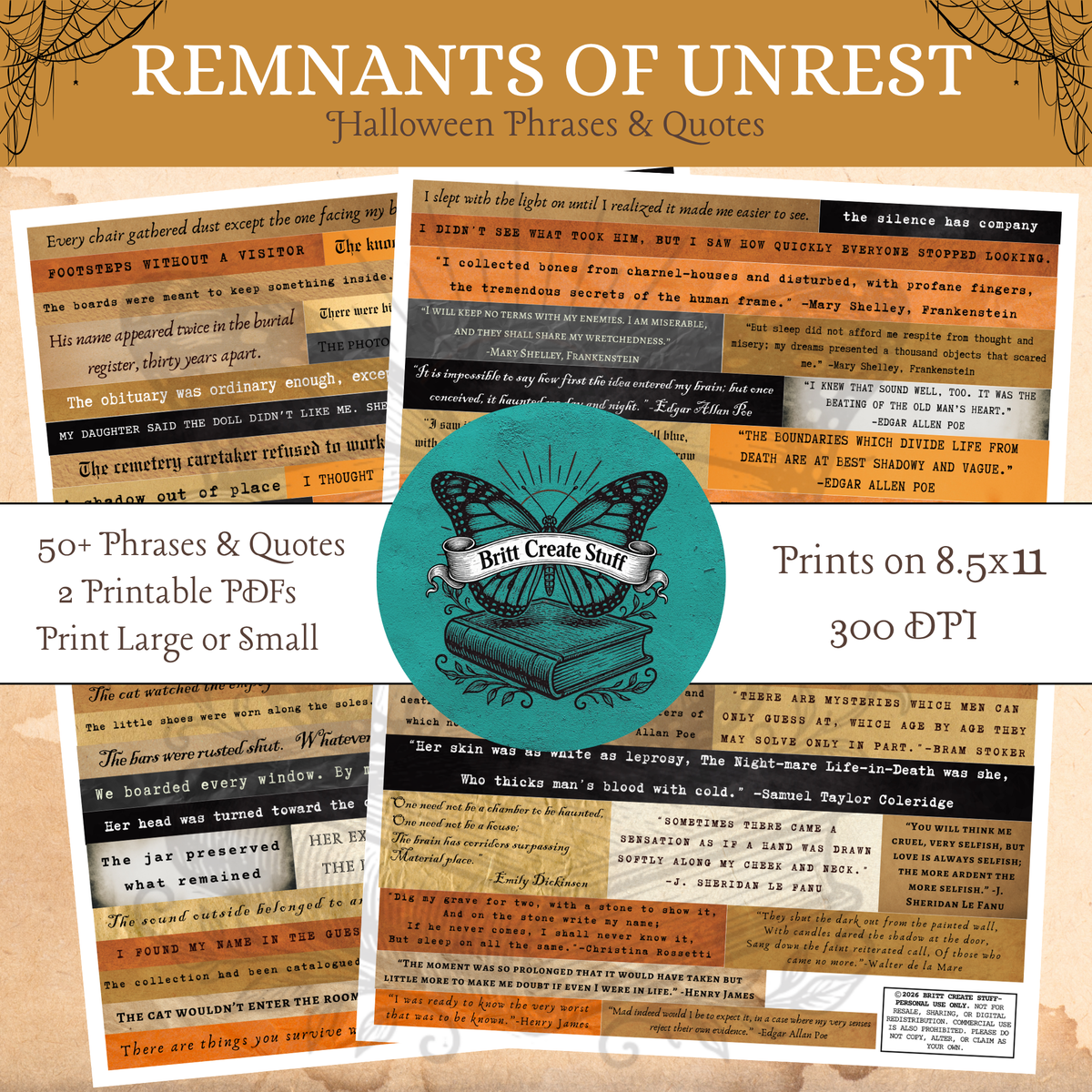 Remnants of Unrest Halloween Phrases and Quotes printable set with 50+ sayings in two PDFs, formatted for 8.5 by 11-inch paper at 300 DPI.