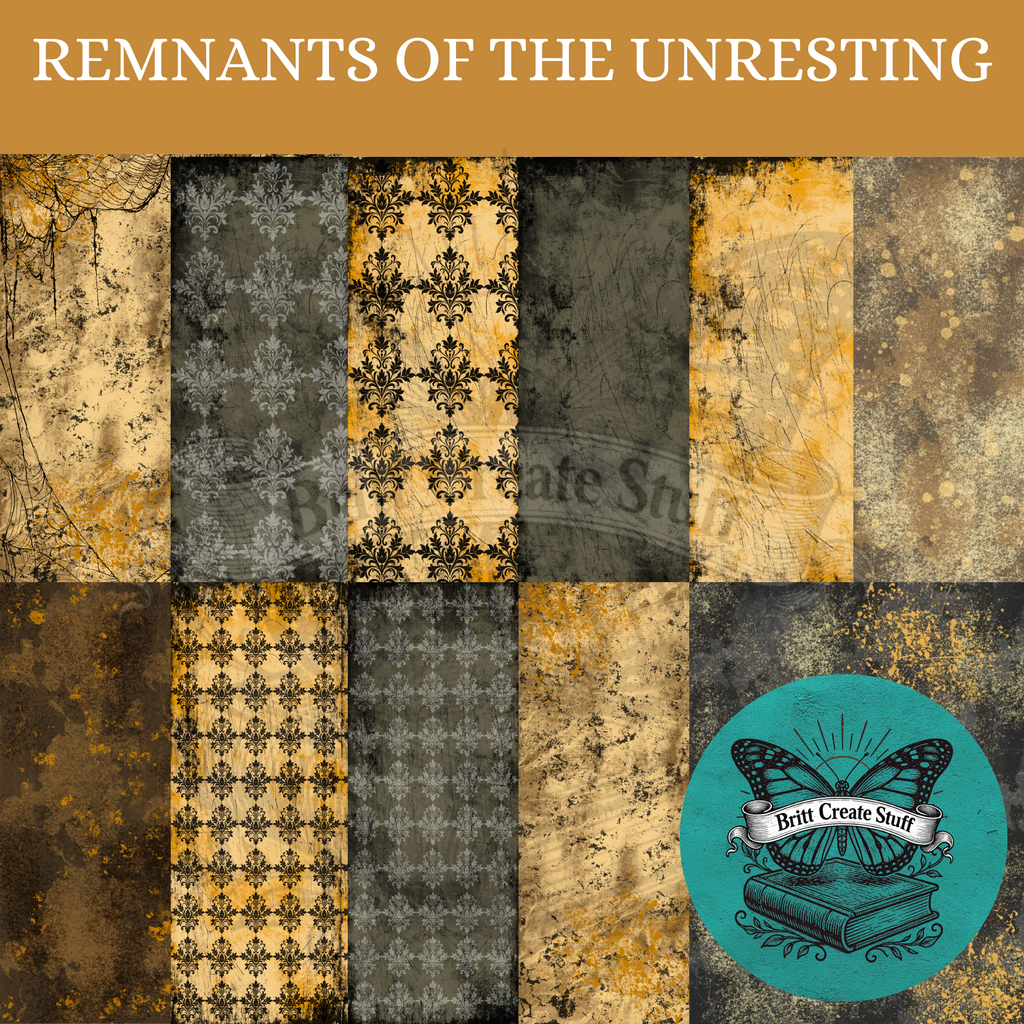 Remnants of the Unresting Victorian gothic Halloween printable kit featuring decorative papers, backing papers, spooky fussy cuts, and specimen and X-ray designs.