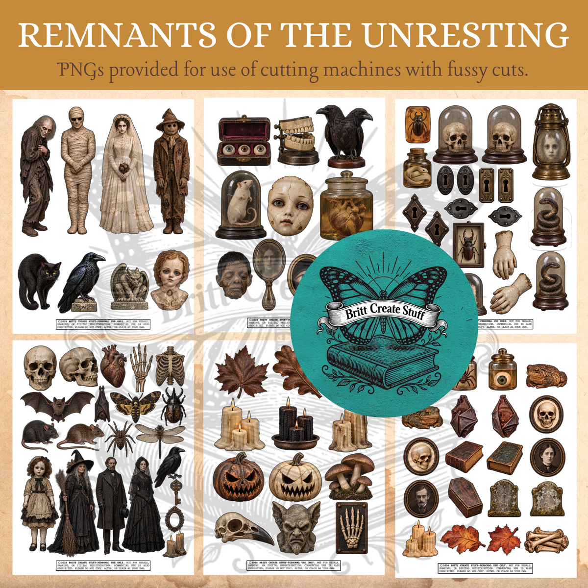 Remnants of the Unresting Victorian gothic Halloween printable kit featuring decorative papers, backing papers, spooky fussy cuts, and specimen and X-ray designs.