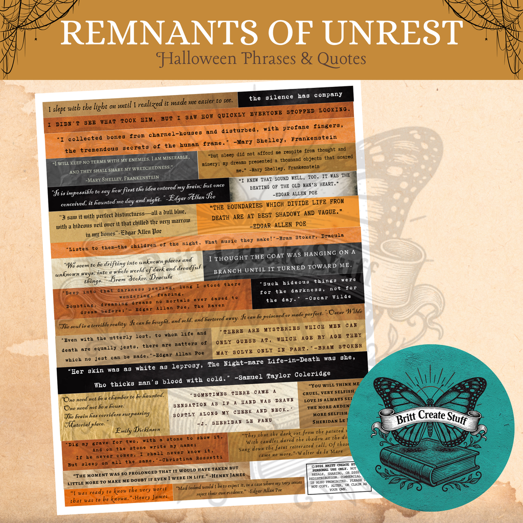 Preview of vintage Halloween quote strips featuring literary excerpts with author credits on coordinating backgrounds.