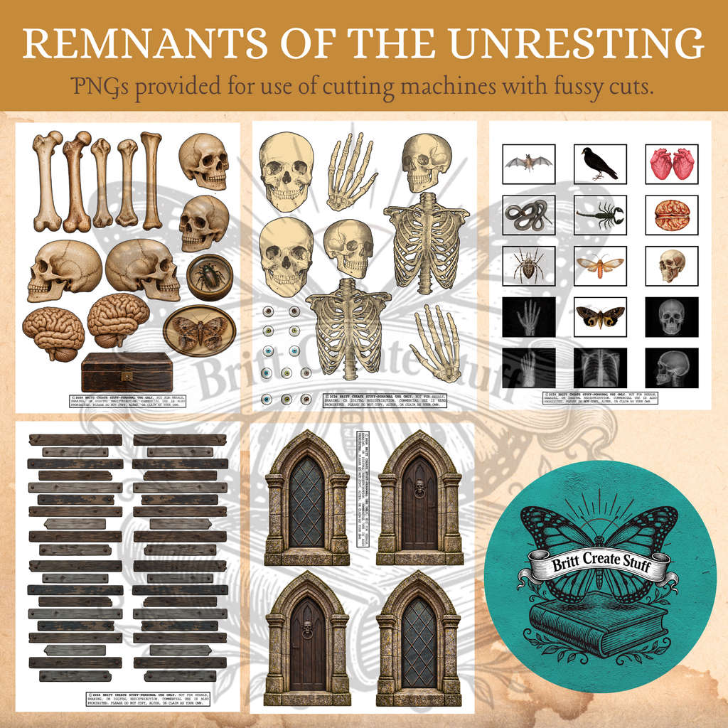 Remnants of the Unresting Victorian gothic Halloween printable kit featuring decorative papers, backing papers, spooky fussy cuts, and specimen and X-ray designs.