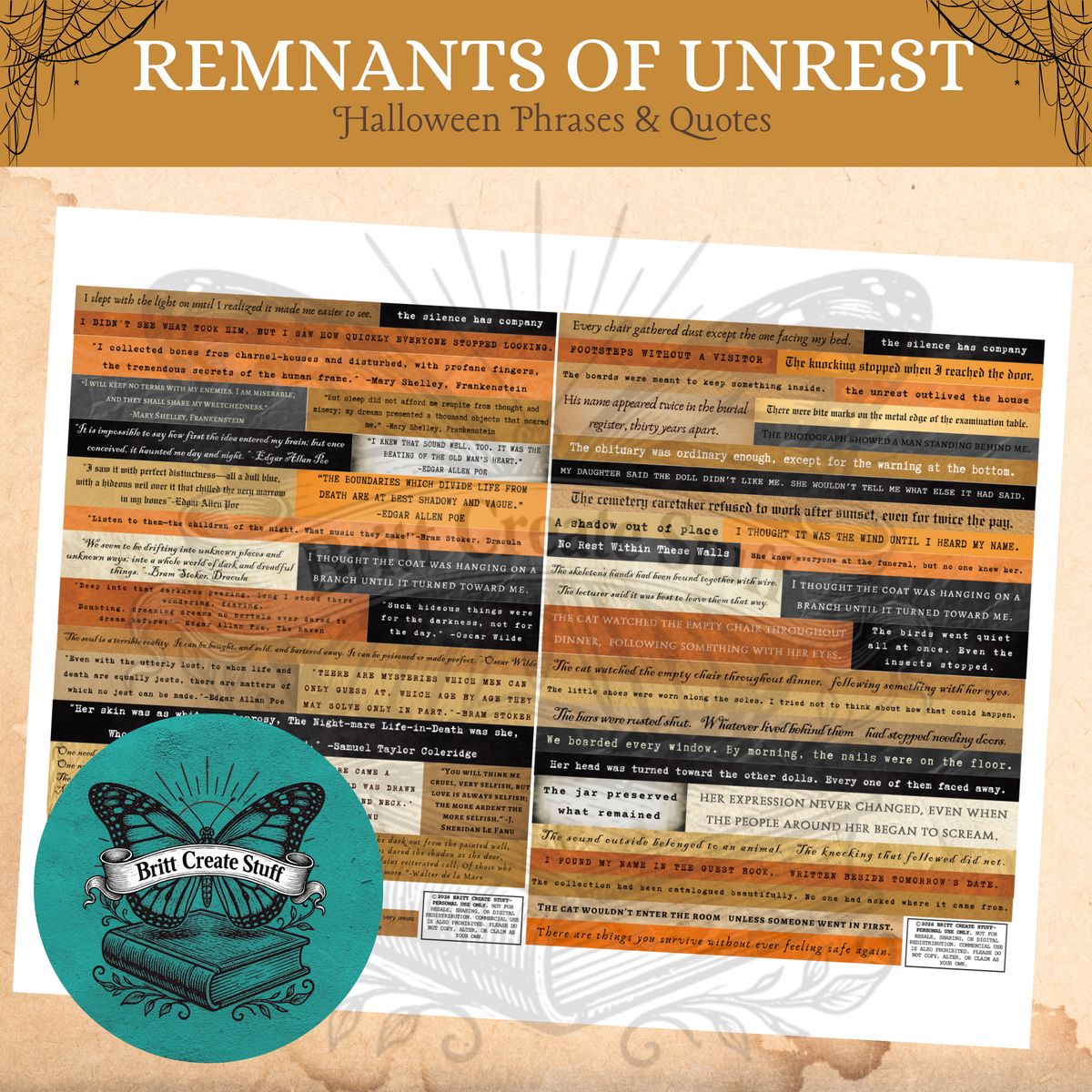 Two coordinating Remnants of Unrest phrase and quote sheets displayed together with vintage-style text strips.