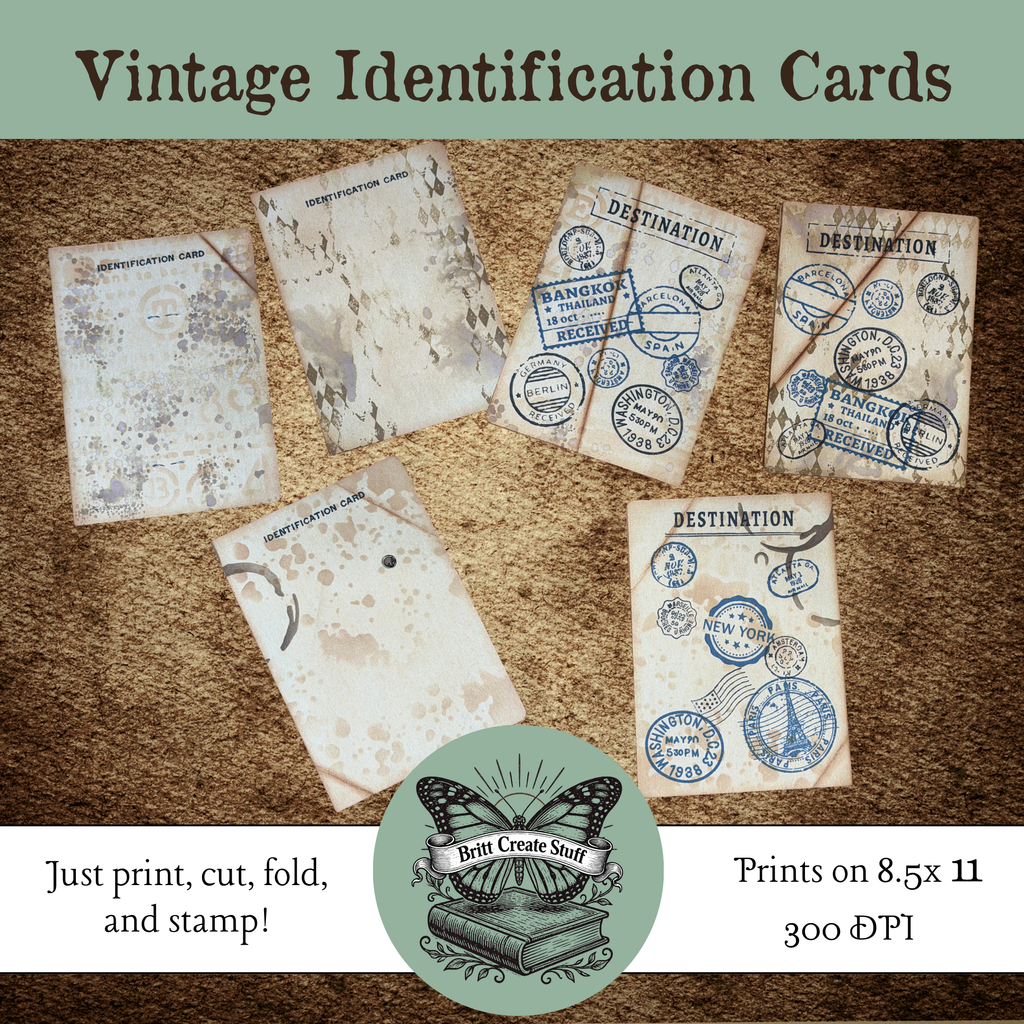 Assembled vintage identification cards with destination stamps and aged paper
