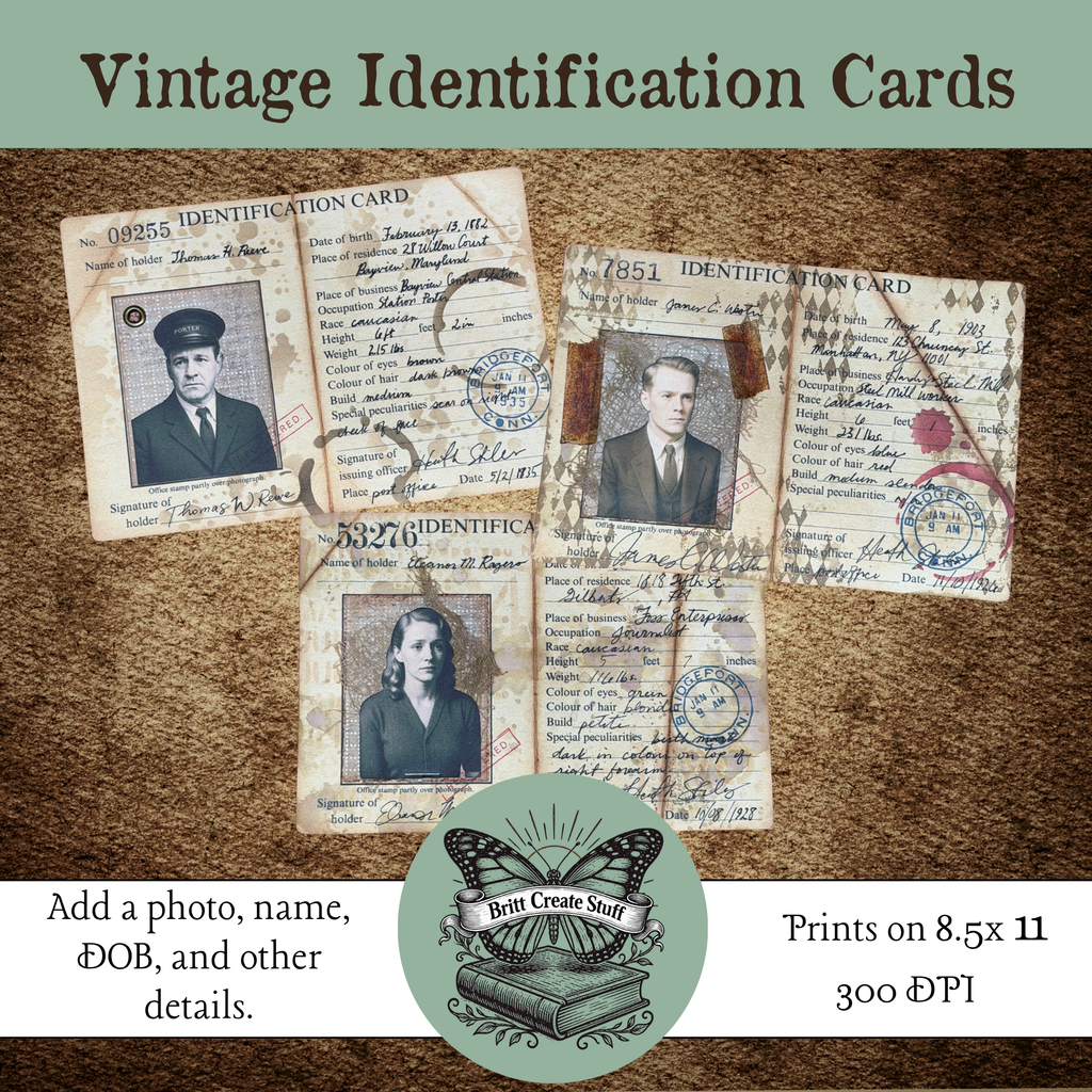 Completed vintage identification cards with portraits handwritten details and stamps