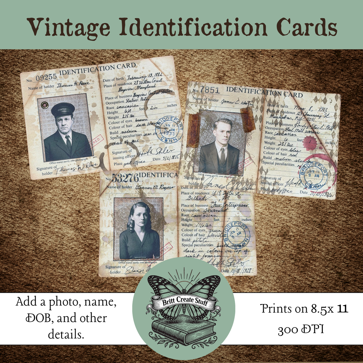 Completed vintage identification cards with portraits handwritten details and stamps
