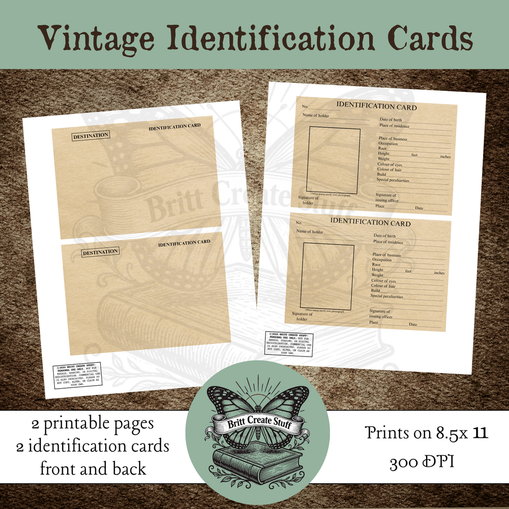 Two printable vintage identification cards with coordinating front and back designs