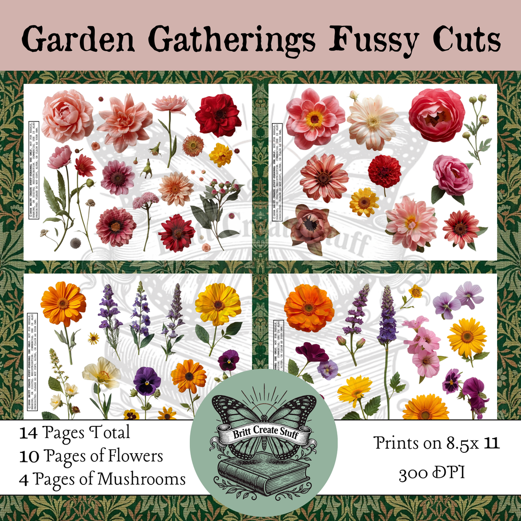 Garden Gatherings printable flower fussy cuts from a 14-page botanical set