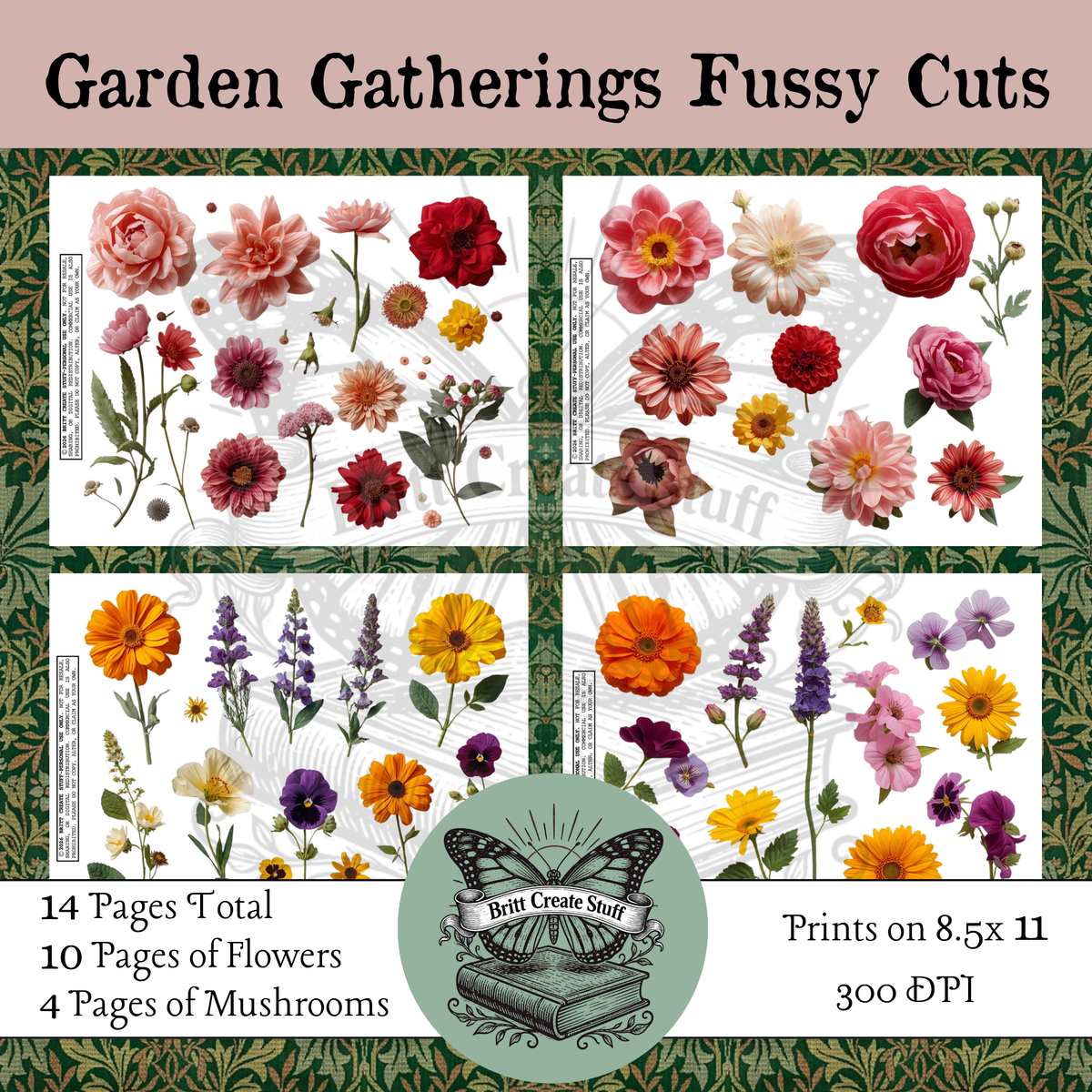 Garden Gatherings printable flower fussy cuts from a 14-page botanical set