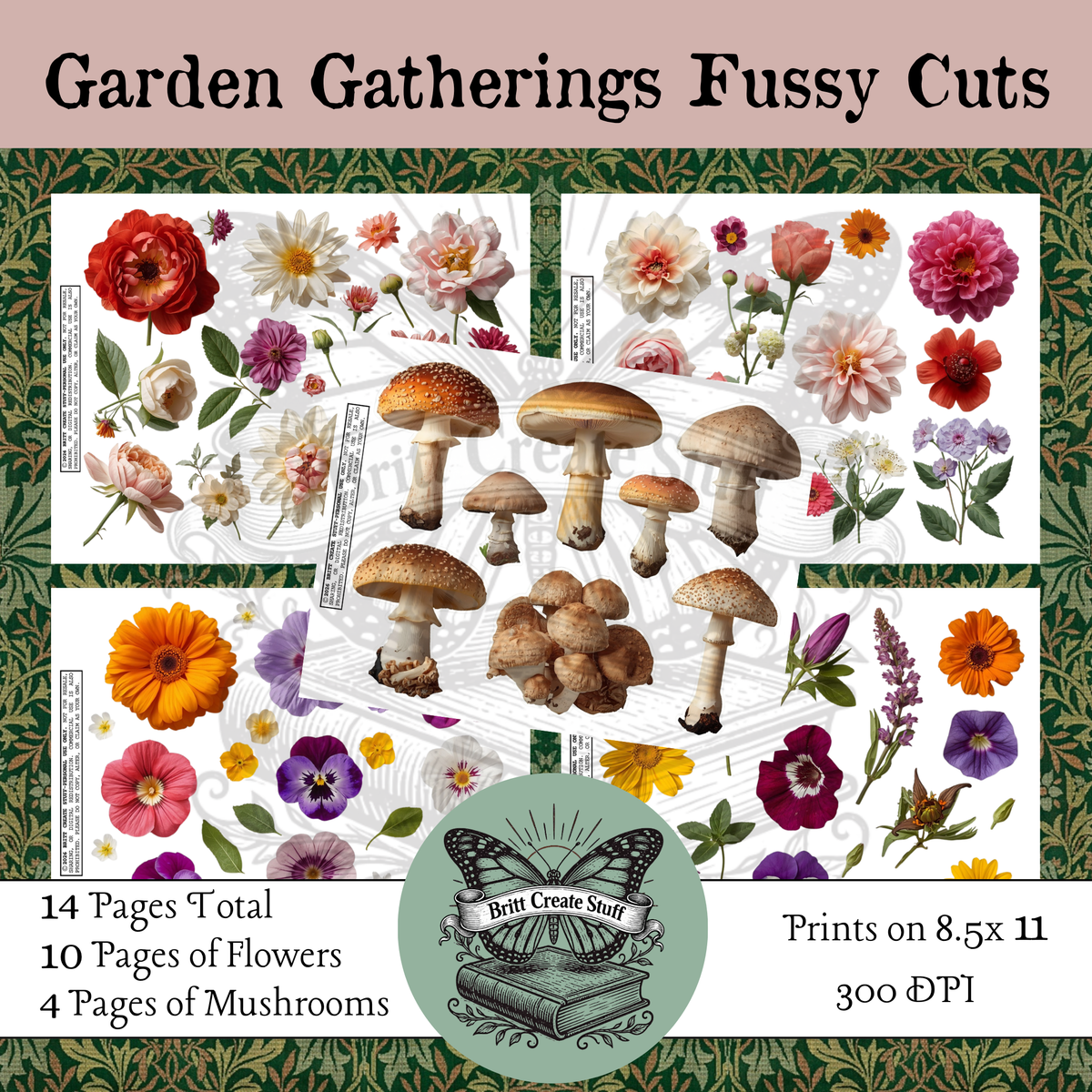 Printable pink flowers and woodland mushroom fussy cuts for paper crafts