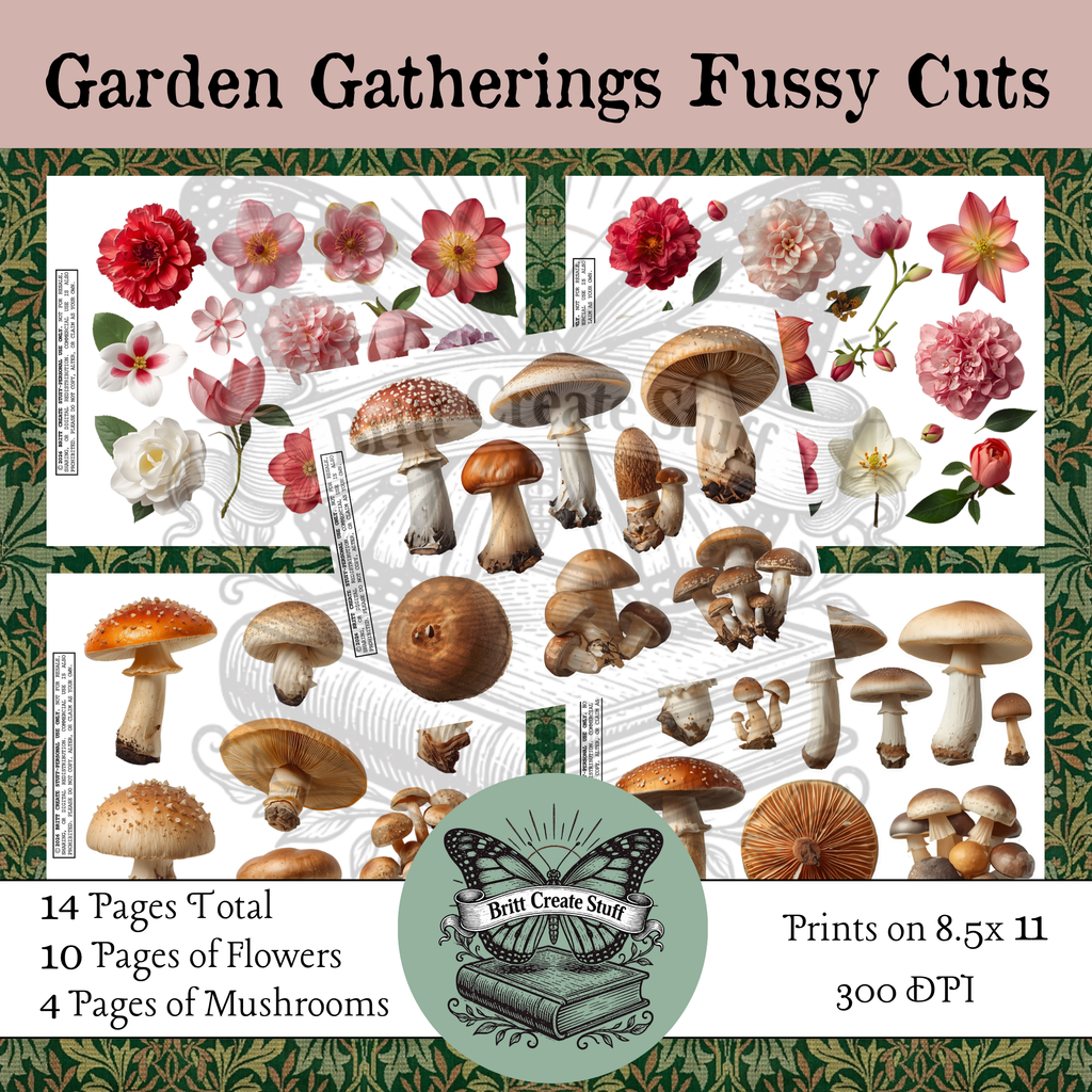 Printable colorful flowers and realistic mushroom fussy cuts for junk journals