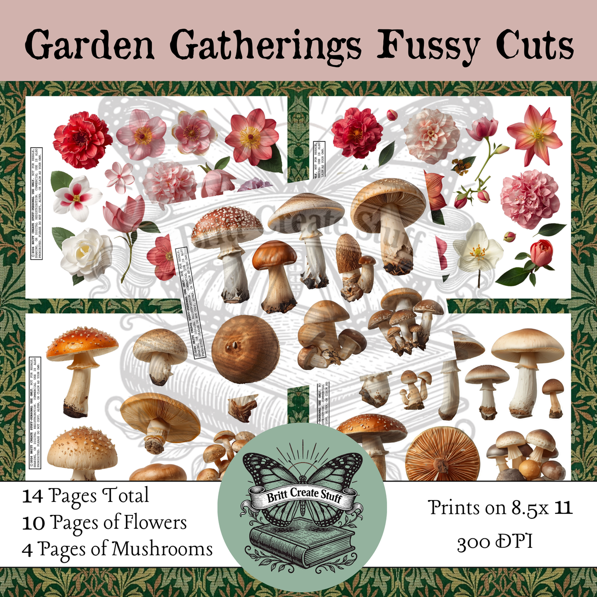Printable colorful flowers and realistic mushroom fussy cuts for junk journals