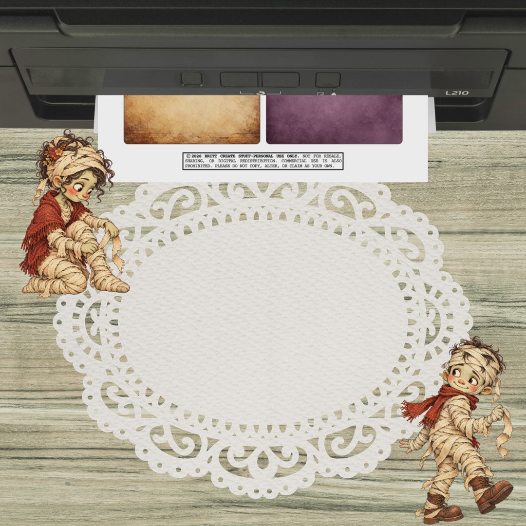 Video preview of the Monster Couples printable ATC kit showing moody card backgrounds, backing labels, storage boxes, and monster fussy cuts coming from a printer.
